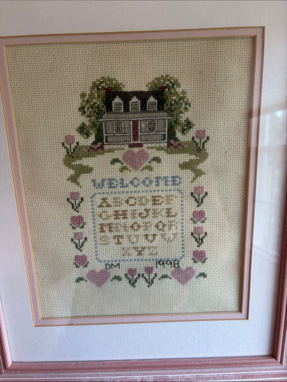 Vintage Framed Pink & Cream Cross-Stitch Welcome